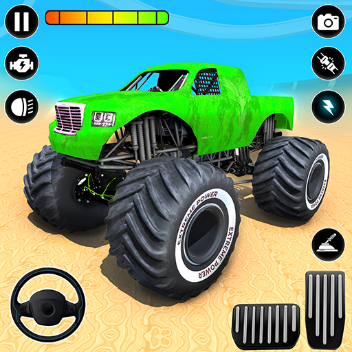 A thrilling scene of a superhero monster truck soaring through the air, capturing the excitement and adventure of the game.