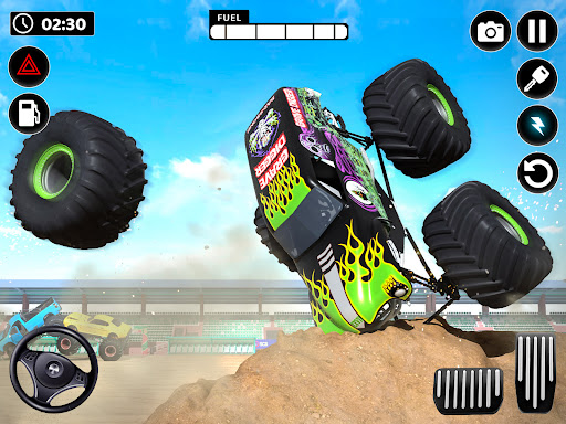 A thrilling scene of a superhero monster truck soaring through the air, capturing the excitement and adventure of the game.