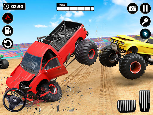 A thrilling scene of a superhero monster truck soaring through the air, capturing the excitement and adventure of the game.