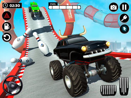 A thrilling scene of a superhero monster truck soaring through the air, capturing the excitement and adventure of the game.