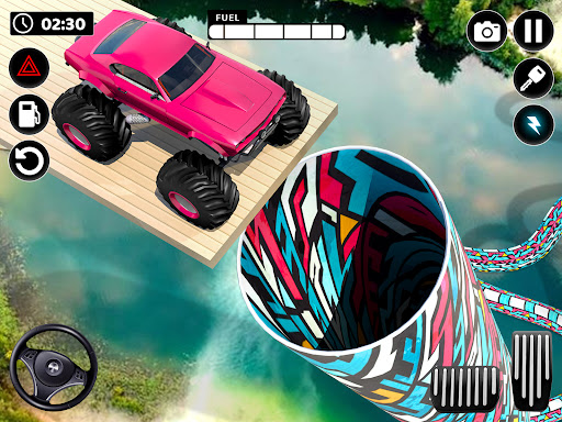 A thrilling scene of a superhero monster truck soaring through the air, capturing the excitement and adventure of the game.