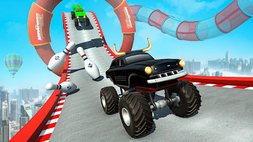 A thrilling scene of a superhero monster truck soaring through the air, capturing the excitement and adventure of the game.