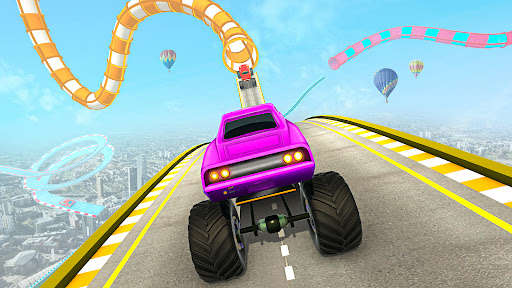 A thrilling scene of a superhero monster truck soaring through the air, capturing the excitement and adventure of the game.