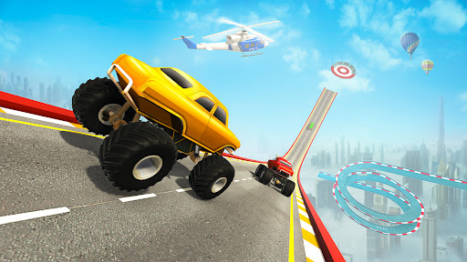 A thrilling scene of a superhero monster truck soaring through the air, capturing the excitement and adventure of the game.