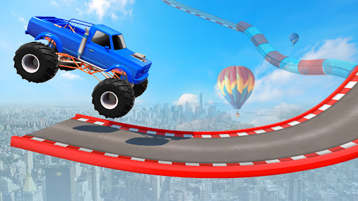 A thrilling scene of a superhero monster truck soaring through the air, capturing the excitement and adventure of the game.