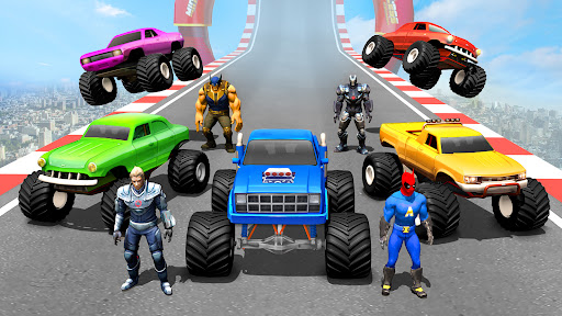 A thrilling scene of a superhero monster truck soaring through the air, capturing the excitement and adventure of the game.