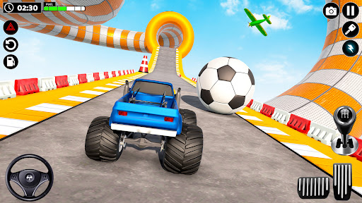 A thrilling scene of a superhero monster truck soaring through the air, capturing the excitement and adventure of the game.