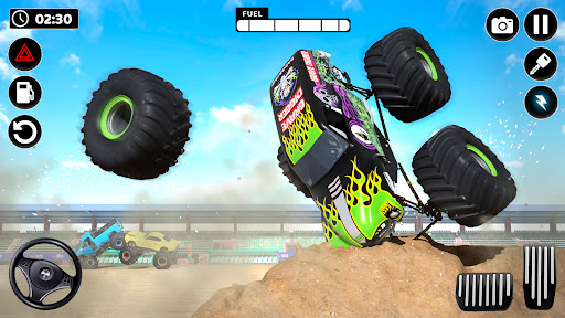 A thrilling scene of a superhero monster truck soaring through the air, capturing the excitement and adventure of the game.