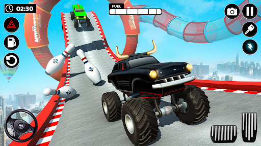 A thrilling scene of a superhero monster truck soaring through the air, capturing the excitement and adventure of the game.