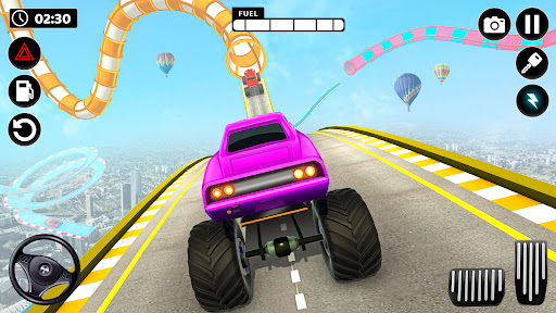 A thrilling scene of a superhero monster truck soaring through the air, capturing the excitement and adventure of the game.