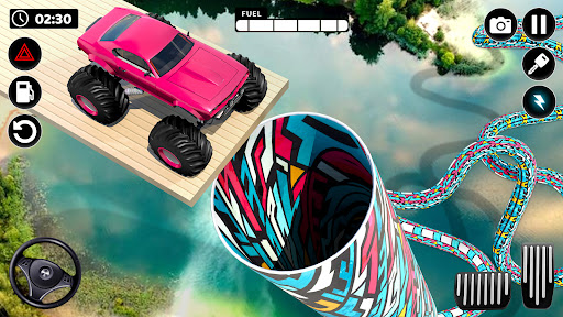 A thrilling scene of a superhero monster truck soaring through the air, capturing the excitement and adventure of the game.