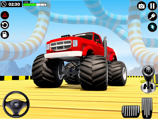 A thrilling scene of a superhero monster truck soaring through the air, capturing the excitement and adventure of the game.