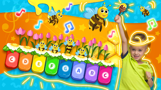 A joyful child playing a virtual piano on a tablet, surrounded by animated characters from Vlad and Niki, symbolizing fun and educational play.