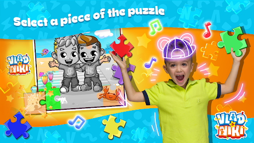 A joyful child playing a virtual piano on a tablet, surrounded by animated characters from Vlad and Niki, symbolizing fun and educational play.