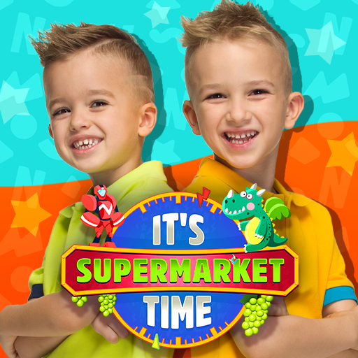 Two cheerful kids, Vlad and Nikita, in a colorful supermarket, exploring and learning through play.