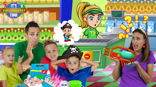 Two cheerful kids, Vlad and Nikita, in a colorful supermarket, exploring and learning through play.