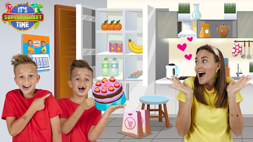 Two cheerful kids, Vlad and Nikita, in a colorful supermarket, exploring and learning through play.