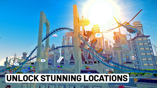 A thrilling roller coaster ride under a bright, blue sky, capturing the excitement and adventure of the Real Coaster Game.