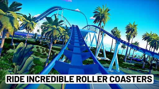 A thrilling roller coaster ride under a bright, blue sky, capturing the excitement and adventure of the Real Coaster Game.