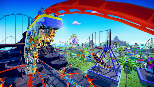 A thrilling roller coaster ride under a bright, blue sky, capturing the excitement and adventure of the Real Coaster Game.