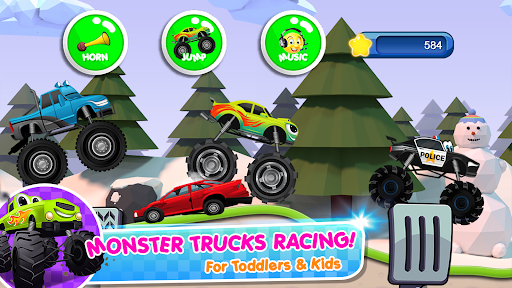 Excitement and adventure of monster trucks racing for kids, conveying thrill and joy.