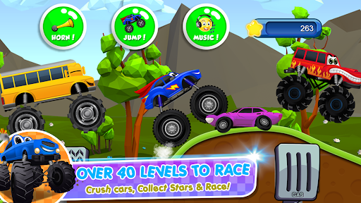 Excitement and adventure of monster trucks racing for kids, conveying thrill and joy.