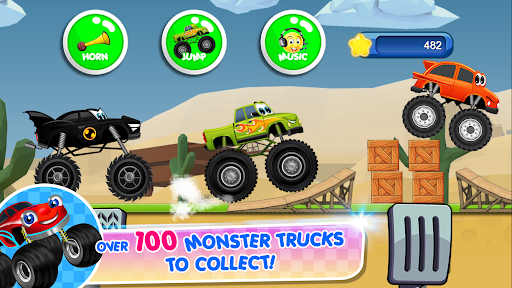 Excitement and adventure of monster trucks racing for kids, conveying thrill and joy.