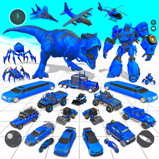 An intense battle scene from the Multi Robot Dino Attack Game, showcasing a robot transforming into a dinosaur amidst a vibrant cityscape.