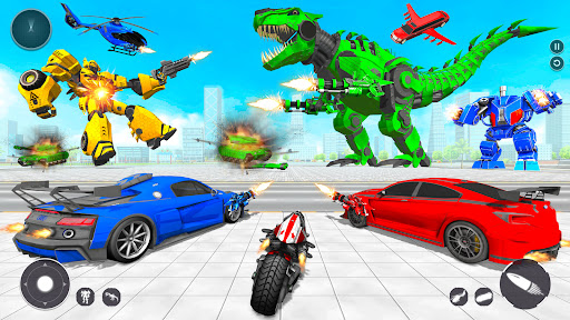 An intense battle scene from the Multi Robot Dino Attack Game, showcasing a robot transforming into a dinosaur amidst a vibrant cityscape.