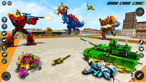 An intense battle scene from the Multi Robot Dino Attack Game, showcasing a robot transforming into a dinosaur amidst a vibrant cityscape.