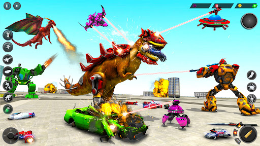 An intense battle scene from the Multi Robot Dino Attack Game, showcasing a robot transforming into a dinosaur amidst a vibrant cityscape.