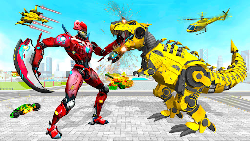 An intense battle scene from the Multi Robot Dino Attack Game, showcasing a robot transforming into a dinosaur amidst a vibrant cityscape.