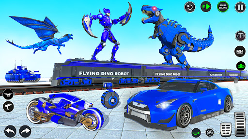 An intense battle scene from the Multi Robot Dino Attack Game, showcasing a robot transforming into a dinosaur amidst a vibrant cityscape.