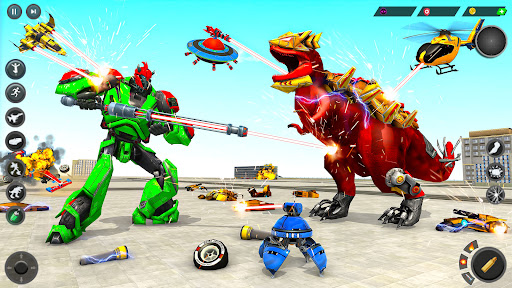 An intense battle scene from the Multi Robot Dino Attack Game, showcasing a robot transforming into a dinosaur amidst a vibrant cityscape.