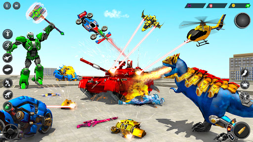 An intense battle scene from the Multi Robot Dino Attack Game, showcasing a robot transforming into a dinosaur amidst a vibrant cityscape.