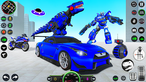 An intense battle scene from the Multi Robot Dino Attack Game, showcasing a robot transforming into a dinosaur amidst a vibrant cityscape.