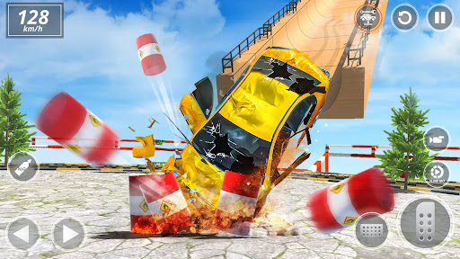 A thrilling depiction of cars in a high-speed crash, capturing the excitement and chaos of a racing game.