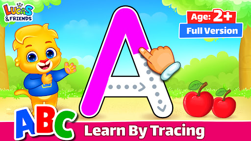 A joyful child tracing letters on a colorful educational app, symbolizing early learning and phonics fun.