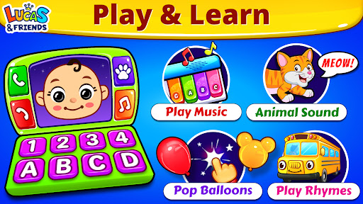 A joyful child exploring a colorful and vibrant world of music and learning through a playful app, fostering creativity and joy.