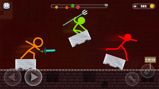 Stickman character performing a dynamic parkour jump over urban rooftops, showcasing excitement and agility.