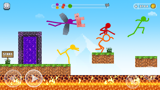 Stickman character performing a dynamic parkour jump over urban rooftops, showcasing excitement and agility.