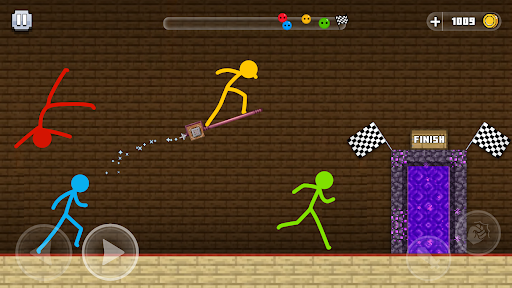 Stickman character performing a dynamic parkour jump over urban rooftops, showcasing excitement and agility.