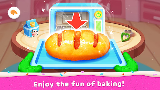 A joyful child engaged in a colorful virtual baking adventure, mixing ingredients with a smile, embodying the fun and educational spirit of the app.