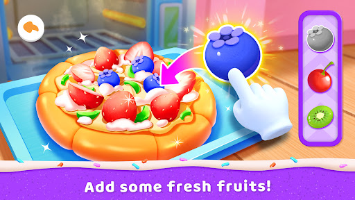 A joyful child engaged in a colorful virtual baking adventure, mixing ingredients with a smile, embodying the fun and educational spirit of the app.