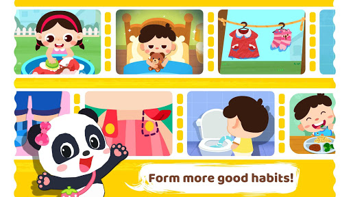 A cheerful child learning self-care skills through a colorful and interactive educational app, smiling as they engage with fun activities.