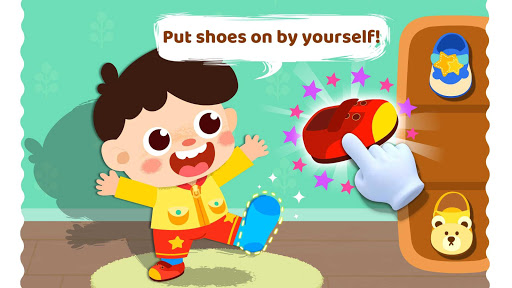 A cheerful child learning self-care skills through a colorful and interactive educational app, smiling as they engage with fun activities.