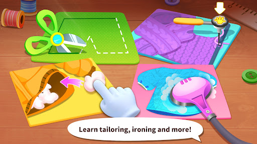 A joyful child engaged in creative play, designing colorful outfits in a virtual tailor shop, embodying the fun and educational essence of Baby Panda's Tailor.