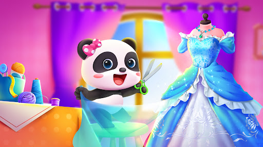 A joyful child engaged in creative play, designing colorful outfits in a virtual tailor shop, embodying the fun and educational essence of Baby Panda's Tailor.