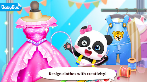 A joyful child engaged in creative play, designing colorful outfits in a virtual tailor shop, embodying the fun and educational essence of Baby Panda's Tailor.