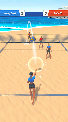 A thrilling slow-motion volleyball game on a mobile device, capturing the excitement and strategic gameplay of Twin Volley.